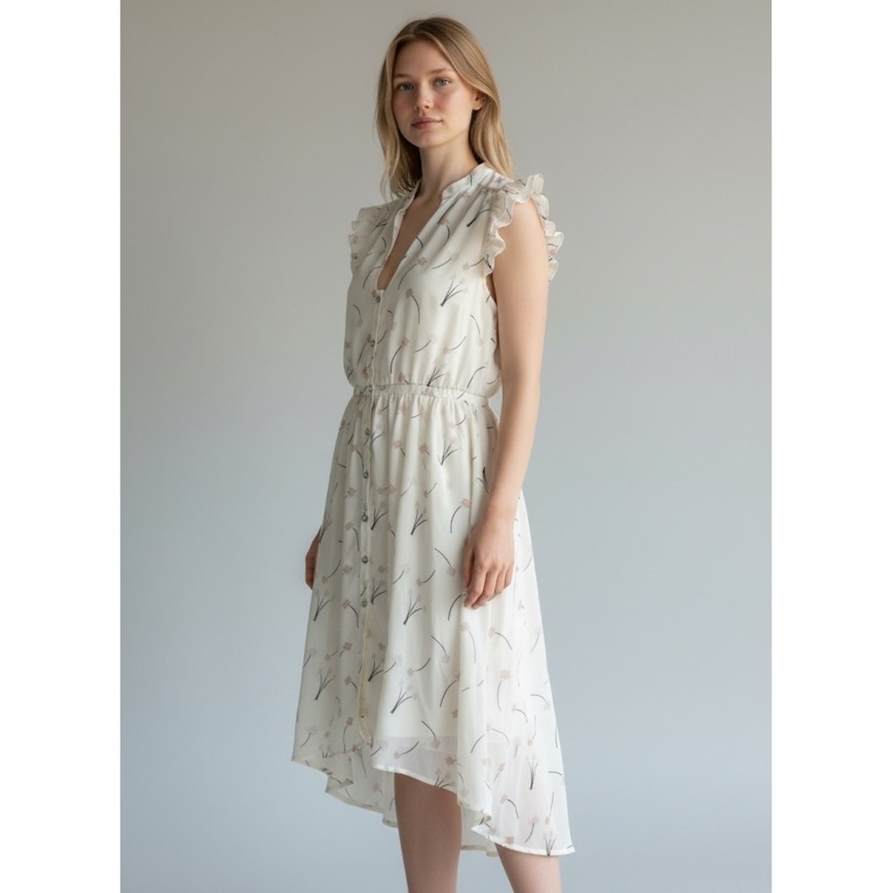 Pink Martini Cream Floral Ruffle Sleeve Button Front High‎ Low Midi Dress XS